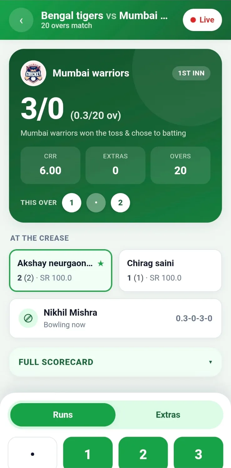 CricFight ball input screen showing run buttons 1-6, dot, wicket and extras