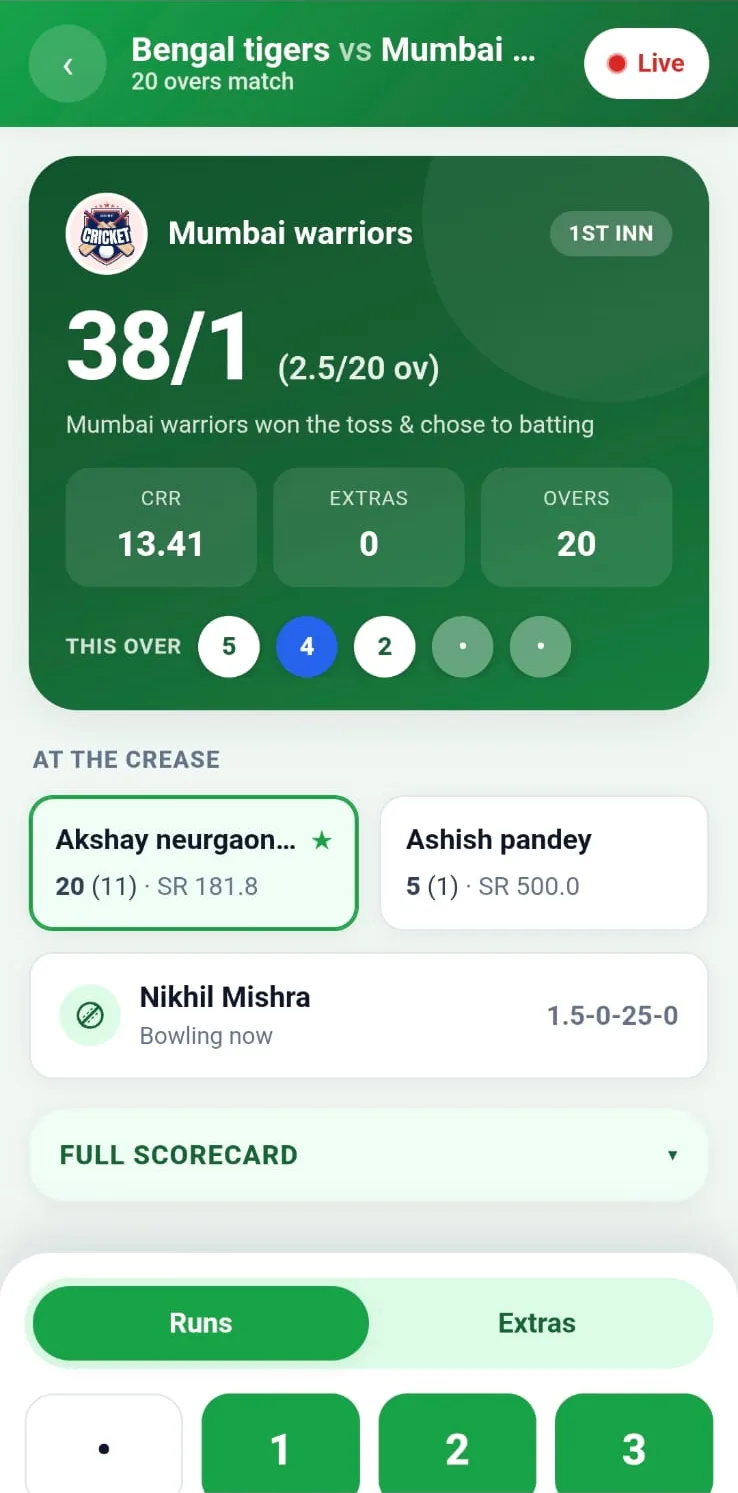 CricFight live scorecard showing recent balls, current partnership and batter figures