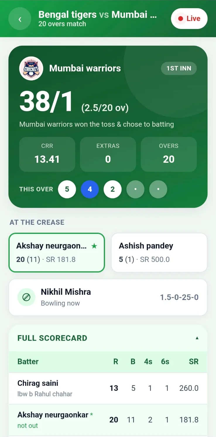 CricFight live cricket scorecard showing a T20 match between Bengal Tigers and Mumbai Warriors